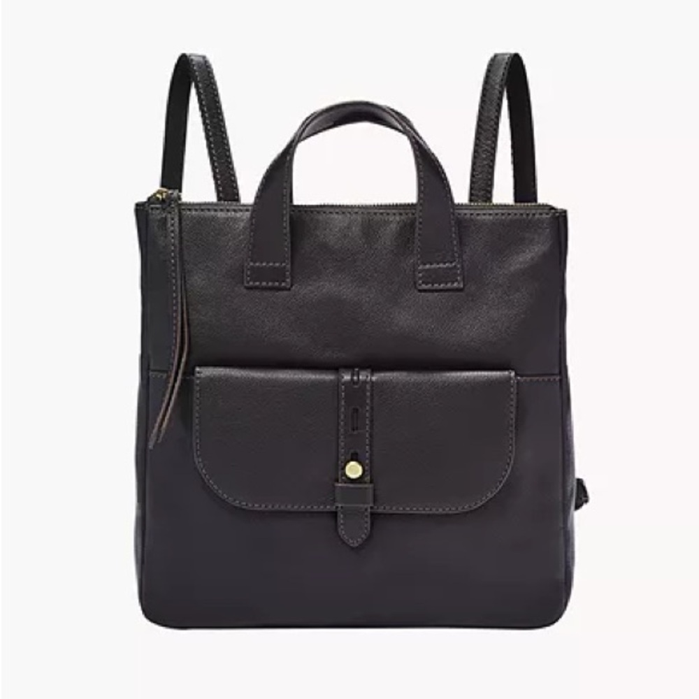 Fossil Hunter Black Leather Backpack with Front Pocket and Brass Hardware